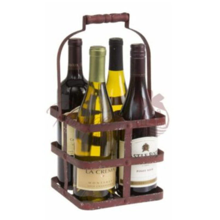 Rustic metal carrier with four bottles of assorted wines from different countries
