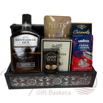 Gentle Delights Whiskey Gift Basket, jack daniels gift basket, gentleman jack gift basket, engraved jack daniels, engraved gentleman jack daniels, jack daniels logo engraving