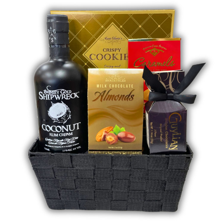 Gift basket, Shipwreck Coconut Rum, Chocolate treats, Gourmet snacks, Rum and chocolates, Coconut-flavored rum, Rum gift set, Chocolate lover's gift, Snack assortment, Premium gift basket, Rum and sweet treats, Tropical rum gift, Chocolate indulgence, Rum-infused chocolates, Gift for rum enthusiasts, Delicious snacks, Luxury gift hamper, Coconut rum delight, Chocolates and snacks, combo Unique gift idea, gift for coconut lovers, Christmas gift for coconut rum lover, rum lover gift