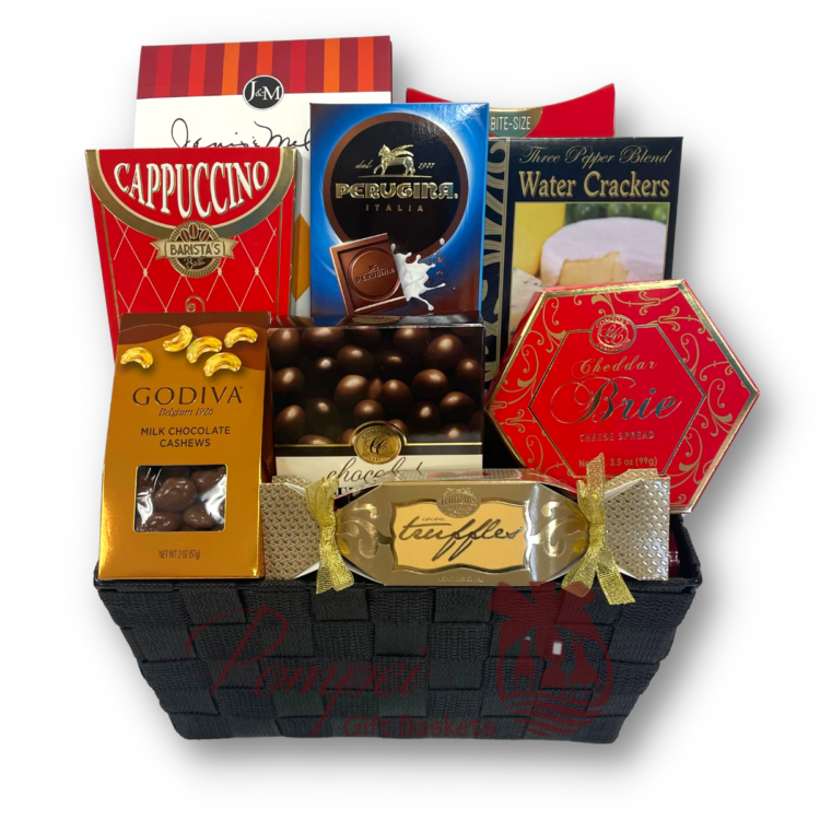 gourmet gift basket, gourmet snacks, chocolate, sweet, salty, savory, pompei gift baskets, small business