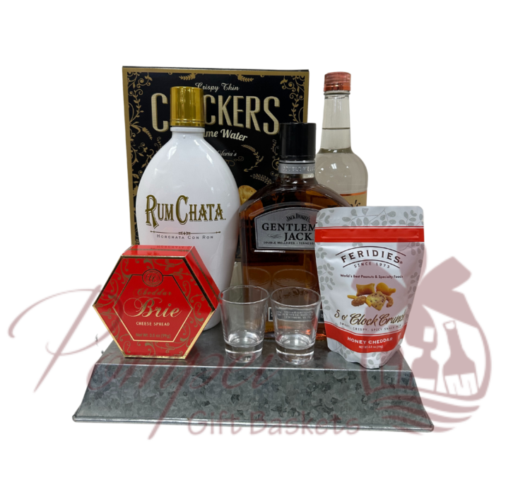 all American classic gift basket, American gift basket, Titos, rum chata, gentleman jack, shots, crackers, cheese, snacks