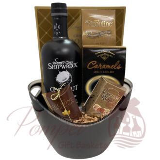 Shipwreck Coconut Rum Cream in a plexiglass ice bucket with sweet treats, anniversary gift, birthday gift, birthday gift set, Christmas gift, graduation gift, mom gifts, dad gifts, 21st birthday, delivery through USA, New York, New Jersey, California, Florida, celebration, congratulations gift, new parents, new home, relator gifts, closing gifts, manly gifts, gifts for men, gifts for women, gifts for grandparents, wedding gifts, shower gifts, bridesmaids gifts, groomsmen gifts, small business, Pompei gift baskets, gourmet gift basket, gourmet snacks, chocolate, sweet, salty, savory, kitting, corporate, large corporate, small corporate, kitting business, engraving, custom, made to order, personalization, bottle engraving, photo engraving, text engraving, message engraving, champagne bottle engraving, wine bottle engraving, liquor bottle engraving, glass engraving, local hand delivery, personal touch gifts, creative gifts, corporate gifting, liquor deliveries