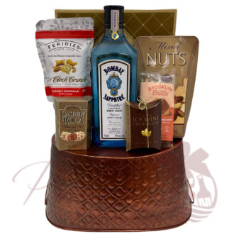 Rustic metal container holds Bombay Sapphire Gin with sweet & savory gourmet snacks