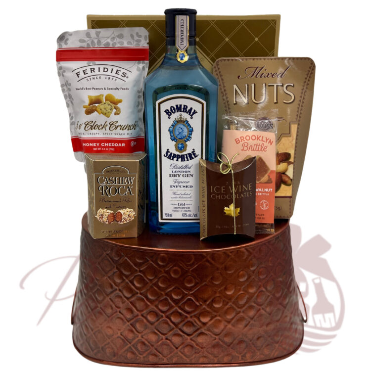 Rustic metal container holds Bombay Sapphire Gin with sweet & savory gourmet snacks, anniversary gift, birthday gift, birthday gift set, Christmas gift, graduation gift, mom gifts, dad gifts, 21st birthday, delivery through USA, New York, New Jersey, California, Florida, celebration, congratulations gift, new parents, new home, relator gifts, closing gifts, manly gifts, gifts for men, gifts for women, gifts for grandparents, wedding gifts, shower gifts, bridesmaids gifts, groomsmen gifts, small business, Pompei gift baskets, gourmet gift basket, gourmet snacks, chocolate, sweet, salty, savory, kitting, corporate, large corporate, small corporate, kitting business, engraving, custom, made to order, personalization, bottle engraving, photo engraving, text engraving, message engraving, champagne bottle engraving, wine bottle engraving, liquor bottle engraving, glass engraving, local hand delivery, personal touch gifts, creative gifts, corporate gifting, liquor deliveries