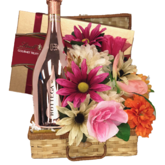 Pinkies Up Prosecco Gift Basket, Bottega gift basket, italian gift basket, flower and champagne gift basket, champagne and chocolate gift basket, rose gold gift basket