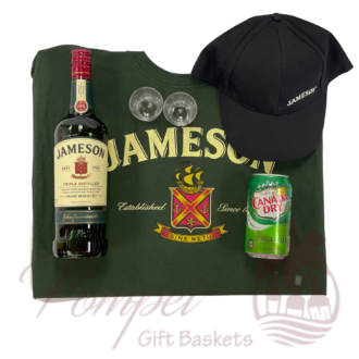 Jameson Irish Whiskey, nuts, chocolates, two shot glasses, and Jameson t-shirt in gift box