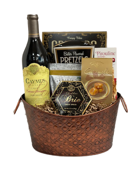 Oh My Caymus Wine Gift Basket, caymus wine gift basket, engraved caymus, caymus gifts, caymus wine delivery, caymus napa valley engraved, custom caymus wine, caymus gift hamper