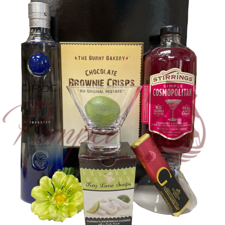 CIROC GIFT BASKET, COSMO GIFT BASKET, NEW JERSEY LIQUOR GIFT BASKET, GIFTS FOR HER, COSMO LIQUER, GODIVA CHOCOLATE, LIME, SEX AND THE CITY, VODKA, GIFT BOX, KITTING