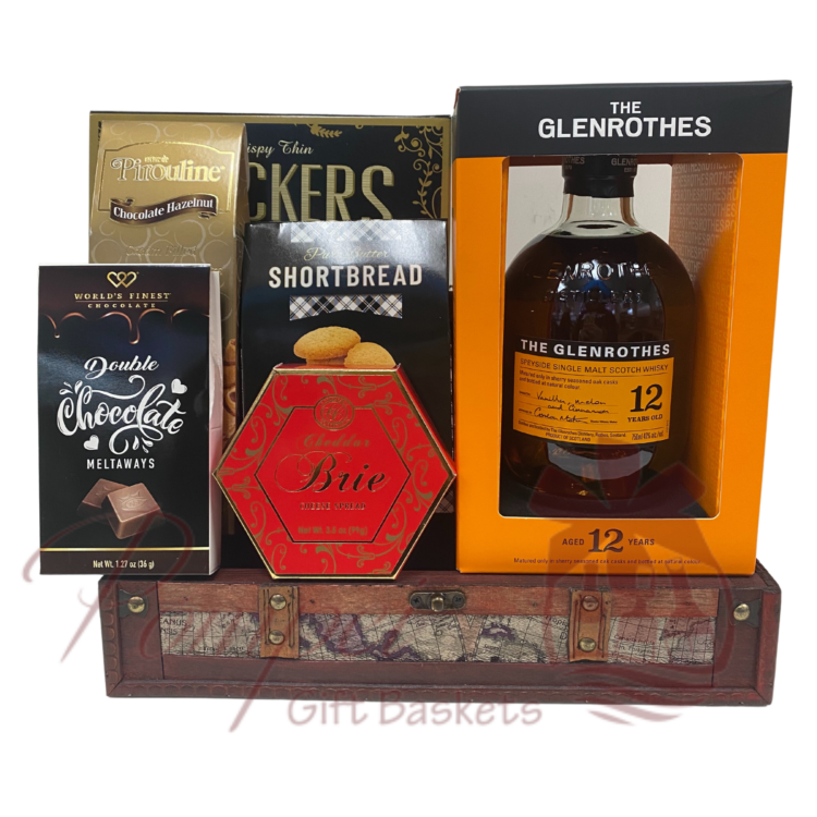 Perfect Cask Scotch Gift Basket has a bottle of Glenrothes Bourbon Cask Scotch Whiskey in a wooden chest with sweet & savory snacks, anniversary gift, birthday gift, birthday gift set, Christmas gift, graduation gift, mom gifts, dad gifts, 21st birthday, delivery through USA, New York, New Jersey, California, Florida, celebration, congratulations gift, new parents, new home, relator gifts, closing gifts, manly gifts, gifts for men, gifts for women, gifts for grandparents, wedding gifts, shower gifts, bridesmaids gifts, groomsmen gifts, small business, Pompei gift baskets, gourmet gift basket, gourmet snacks, chocolate, sweet, salty, savory, kitting, corporate, large corporate, small corporate, kitting business, engraving, custom, made to order, personalization, bottle engraving, photo engraving, text engraving, message engraving, champagne bottle engraving, wine bottle engraving, liquor bottle engraving, glass engraving, local hand delivery, personal touch gifts, creative gifts, corporate gifting, liquor deliveries