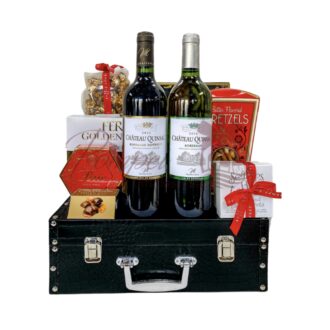 Double Wine, multiple wines, wine gift basket, new jersey wine gift baskets, trunks, hand select wines, Bordeaux wines, ferrero rocher gift box, scamps toffee, Nj gift bsket, NJ gift baskets