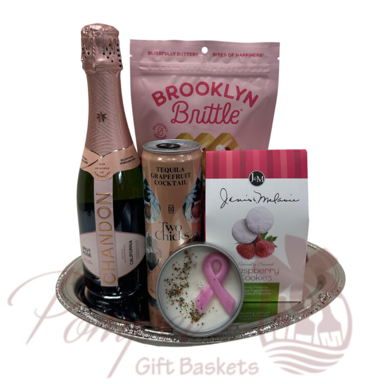 breast cancer basket of hope, basket of hope, breast cancer, chandon rose, two chicks, champagne gift basket, cancer gift basket, pink gift basket, candle, cancer candle, cancer gift ideas