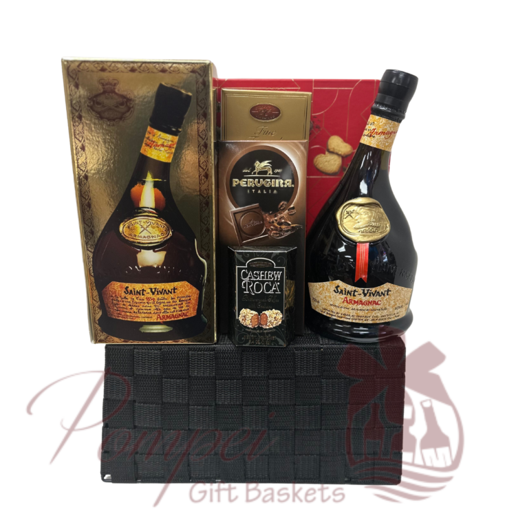 brandy and sweets gift basket, brandy, cognac, brandy gift baskets, saint vivant armagnac, gift baskets for him, small business, Pompei gift baskets, chocolate gift baskets