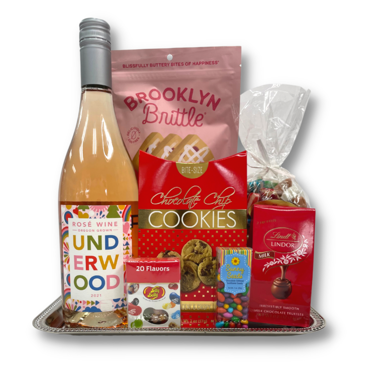 ROSÉ, Rosy Delights gift basket, wine, Underwood wine, anniversary gift, birthday gift, birthday gift set, Christmas gift, gourmet gift basket, small business, Pompei gift baskets