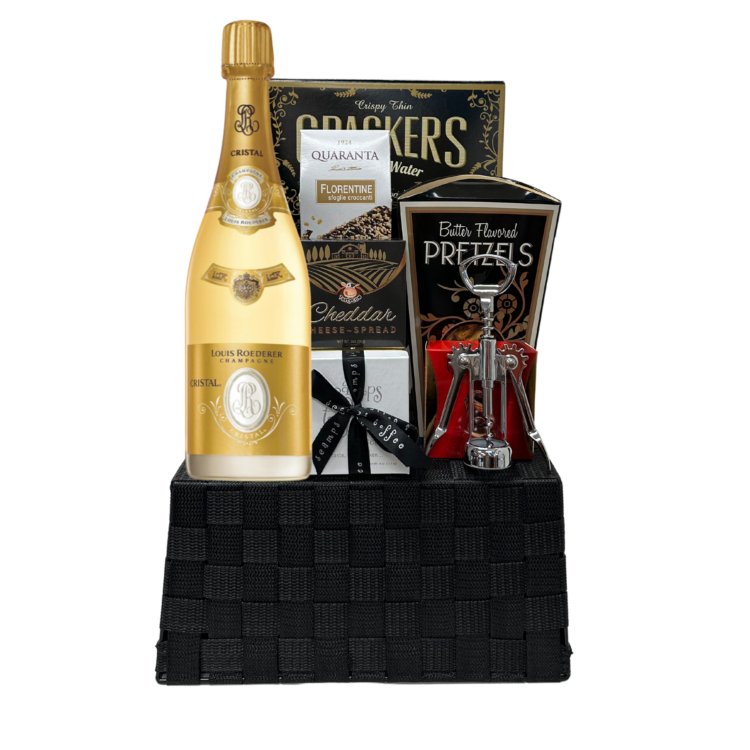 cristal champagne, champagne gift basket, gift basket for ChristmaS, gift for champagne lovers, luxury champagne gift Basket, cristal gift