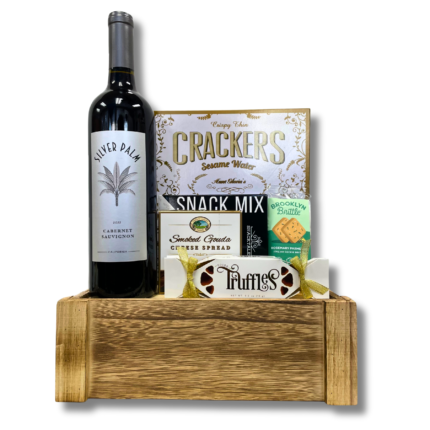 Silver Palm on wood wine gift basket