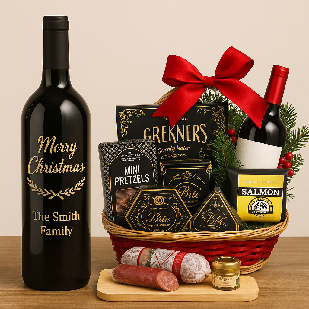 Christmas Engraved Wine Bottle Delivery in NYC & Christmas Wine Gift Baskets