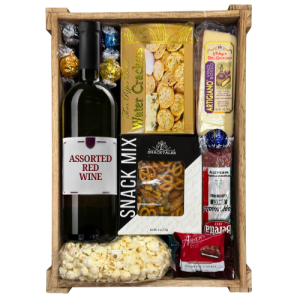 The Assorted Red Wine Wooden Trunk combines premium red wine with curated savory and sweet accompaniments.
